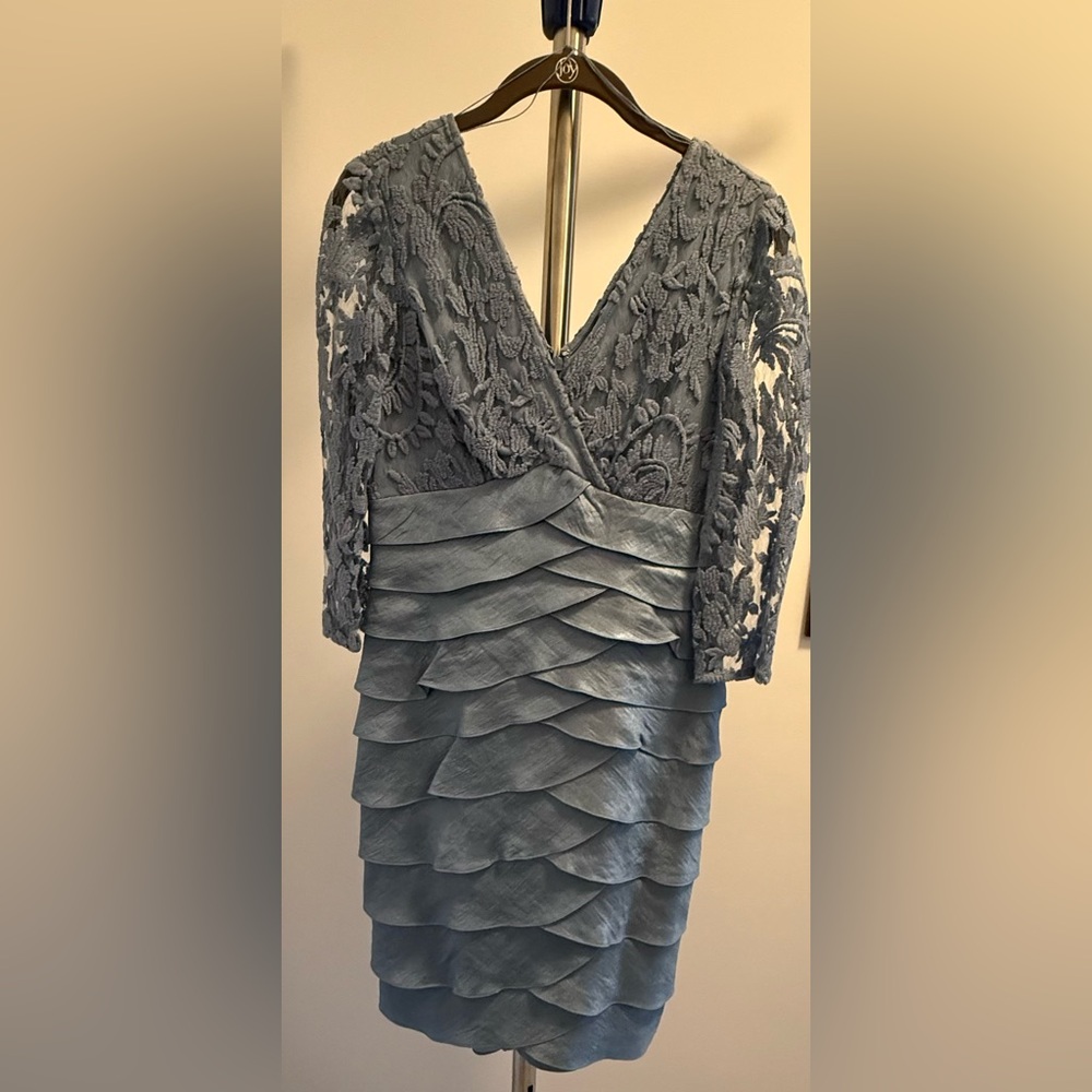 Adrianna Papell Elegant Lace Overlay Dress - Dusty Blue